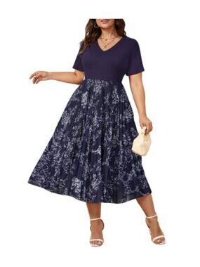 Plus Size Floral V Neck Short Sleeve Midi Dress Fit Flare Pockets